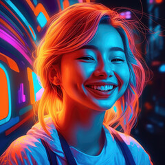 Obraz premium This beautiful illustration showcases a girl in vivid shades of purple and orange. The color scheme is contemporary, making it a perfect piece of modern artwork. Generative AI, AI.