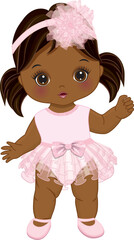 Vector Cute Little African American Baby Girl in Pink Ruffle Dress