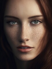 Fototapeta premium A close-up portrait of a stunning Caucasian woman with delicate freckles, emphasizing her natural beauty and soft features against a neutral backdrop Generative AI, AI.