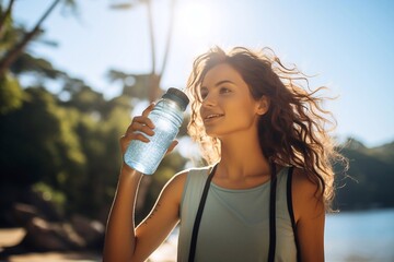 Beautiful young woman in sunglasses drinking water from a plastic bottle sunshine Generative AI - obrazy, fototapety, plakaty