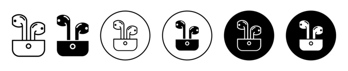 Air pod bud symbol icon set. Earphone pair vector line logo. Earpods or earbuds outline icon - obrazy, fototapety, plakaty