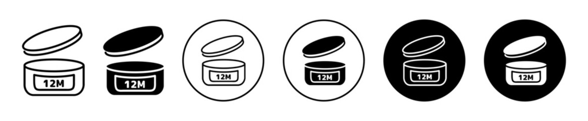 12 Month Pao can symbol icon set. Twelve m shelf life of cosmetics vector logo. Product expiration of 12 pao line sign. Period after opening sign.