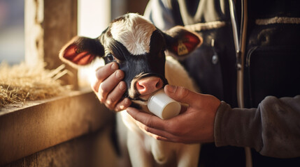 A dairy farmer's hands gently cradling a newborn calf as it takes its first sips of milk from a bottle - obrazy, fototapety, plakaty