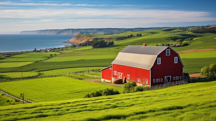 Fototapeta na wymiar A serene countryside landscape with a picturesque red barn nestled among rolling hills, surrounded by a sea of green pastures