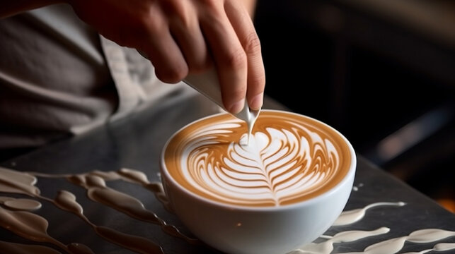 A professional barista meticulously crafting latte art, drawing intricate patterns with steamed milk on a velvety espresso