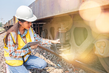 Female railway technician engineer wearing hardhat and vest does field work inspecting bogies underbody device that supports the weight train carriages responsibly controls sway of the train wheels. - obrazy, fototapety, plakaty