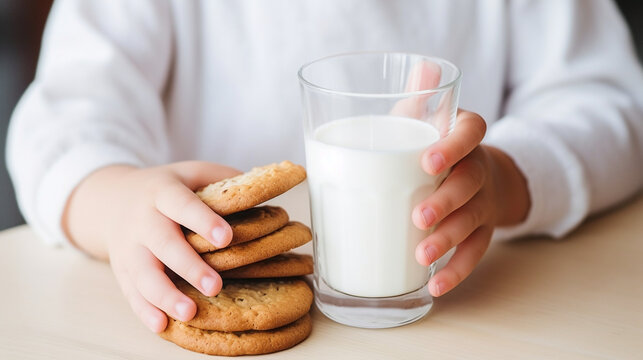 A young child's hands joyfully holding a cookie dipped in milk, capturing the simple delight of this classic snack