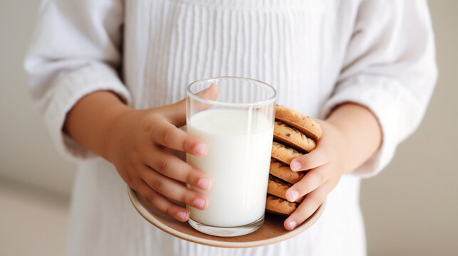 A young child's hands joyfully holding a cookie dipped in milk, capturing the simple delight of this classic snack