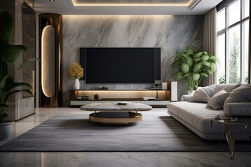 Spacious sofa and shiny TV stand in luxury room, digitally created. Generative AI