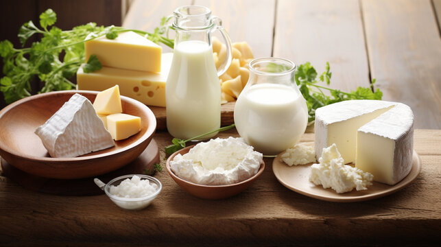 An inviting display of various dairy products, including yogurt, cheese, and milk, artfully arranged on a rustic wooden platter