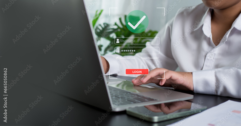 Poster businesswoman using computer to login represents protection concept of cyber security and data secur