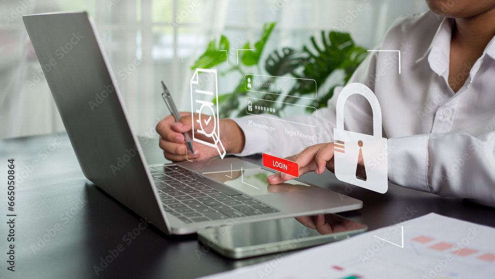 Aufkleber businesswoman using computer to login represents protection concept of cyber security and data secur