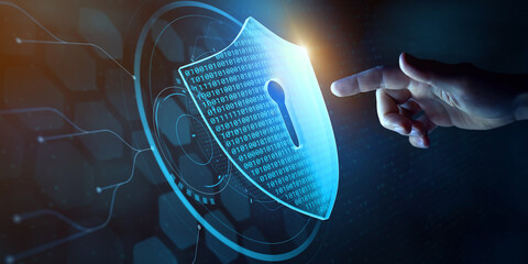 Data security, protection and privacy on internet. Person touching virtual shield, secure access, encrypted connection. Password protected system and storage. Cybersecurity technology.