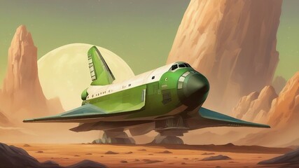  A bulky space shuttle with a  green color scheme and a cylindrical shape.  