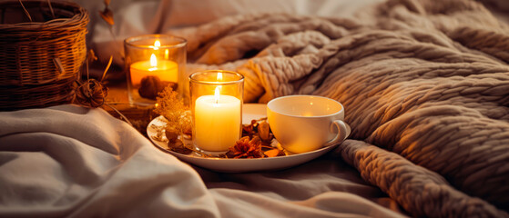 Cozy romantic Valentines Day breakfast composition with tray of breakfast on bed linen sheet. still life. Cup of coffee, warm candle light. Morning relax,ambience. Hotels bedroom. Generative ai.