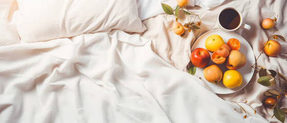 Mockup with breakfast foods, cup of coffee on bed sheet. Top view. Breakfast on bed. Morning relax,ambience. Female romantic mockup. Hotels bedroom. Still life composition.Generative ai