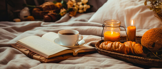 Fototapeta na wymiar Cozy romantic Valentines Day breakfast composition with tray of breakfast on bed linen sheet. still life. Cup of coffee, warm candle light. Morning relax,ambience. Hotels bedroom. Generative ai.