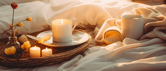 Cozy romantic Valentines Day breakfast composition with tray of breakfast on bed linen sheet. still life. Cup of coffee, warm candle light. Morning relax,ambience. Hotels bedroom. Generative ai. - obrazy, fototapety, plakaty
