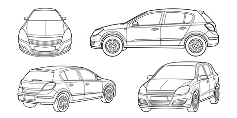 Set of classic station wagon or hatchback. Different five view shot - front, rear, side and 3d. Outline doodle vector illustration	
