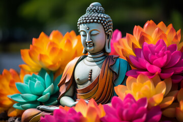 Estatua de buda rodeada de flores de colores vivos. Escultura de templo budista con flores. - obrazy, fototapety, plakaty