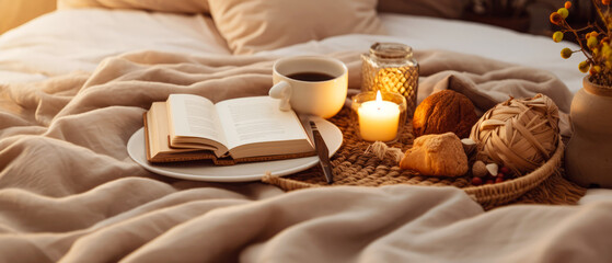 Cozy romantic Valentines Day breakfast composition with tray of breakfast on bed linen sheet. still life. Cup of coffee, warm candle light. Morning relax,ambience. Hotels bedroom. Generative ai. - obrazy, fototapety, plakaty