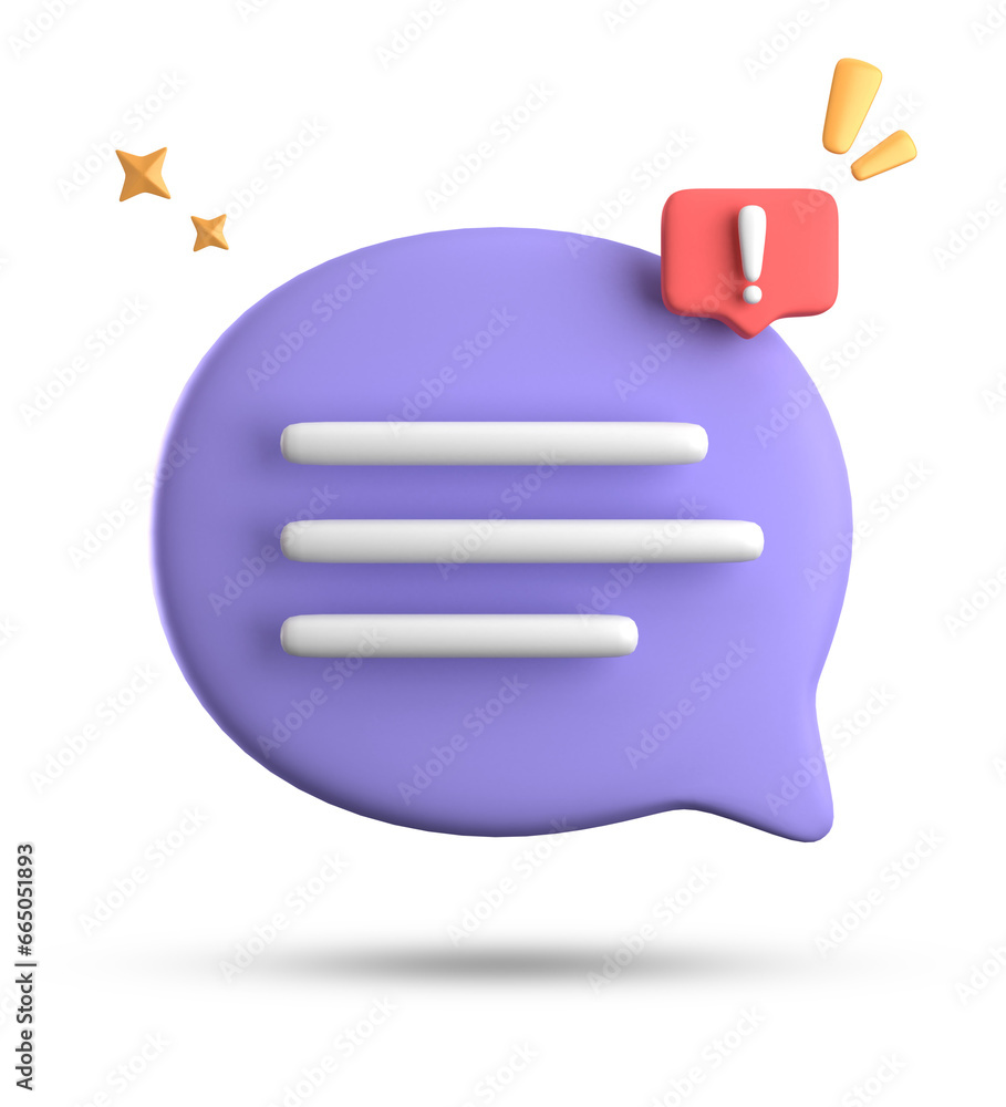 Poster 3d rendering of speech bubble, 3d pastel chat with exclamation mark icon set.
