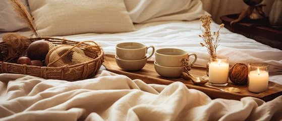 Foto op Plexiglas Cozy romantic breakfast composition with tray of candles, foods on bed linen sheet. still life. Cup of tea, warm candle light. Morning relax,ambience. Hotels bedroom. Generative ai. © Inai
