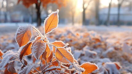 Beautiful colorful nature with bright orange leaves covered with frost in late autumn or early winter. - obrazy, fototapety, plakaty