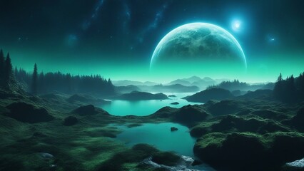 Fototapeta na wymiar landscape with moon and stars A dreamy space scene with a blue and green planet and two moons. The planet has oceans, forests, 