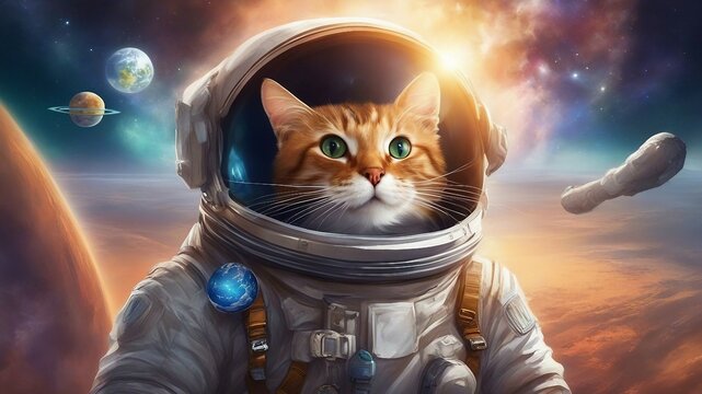 cat in space, A cat astronaut in outer space with the Earth behind it.  