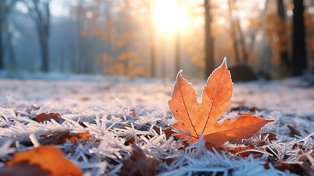 Beautiful colorful nature with bright orange leaves covered with frost in late autumn or early winter.