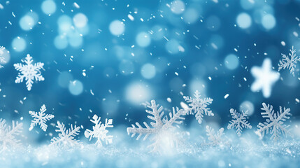 Fototapeta na wymiar Beautiful decorative snowflakes in the snow against a blue natural background with falling snow and bokeh. Christmas winter background for design.