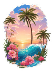 Fototapeta na wymiar Palm tree on a tropical island with beach and sea waves, flat sticker illustration isolated on white.
