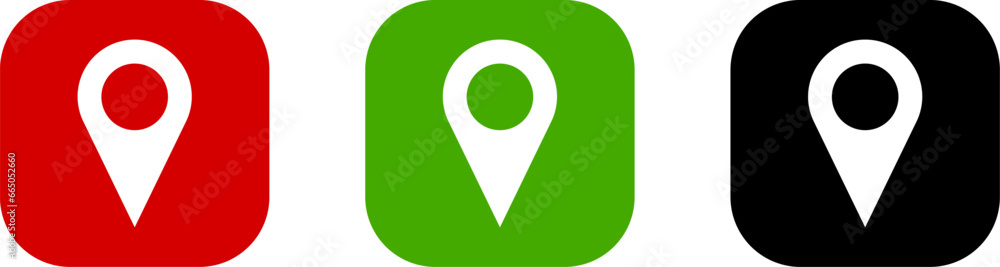Poster red green and black location pointer pin or you are here marker hotspot symbol sign icon set. vector