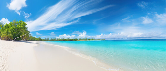 Beautiful sandy beach with white sand and rolling calm wave of turquoise ocean on Sunny day on background white clouds in blue sky. Island in Maldives, colorful perfect panoramic natural landscape. - obrazy, fototapety, plakaty