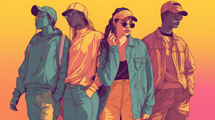 Fototapeta premium Group of mixed race young adults wearing colorful casual fashionable street clothes