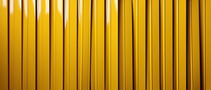 A corrugated fence of yellow metal sheets with screw.