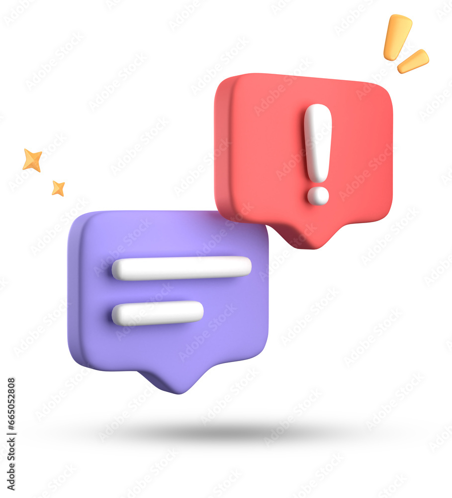 Poster 3d rendering of speech bubble, 3d pastel chat with exclamation mark icon set.