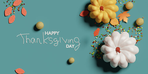 Happy thanksgiving day concept. Wreath of autumn leaves on a turquoise background with happy thanksgiving text.