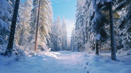 Beautiful winter landscape with fir trees in a snowy forest.