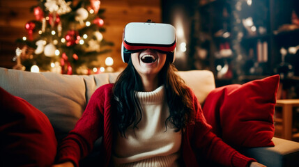 Young girl playing a game at Christmas on a modern virtual reality VR headset. Ai generated - obrazy, fototapety, plakaty