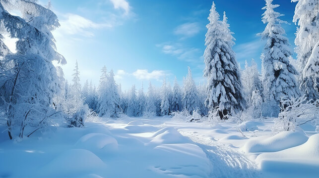 Beautiful winter landscape with fir trees in a snowy forest.