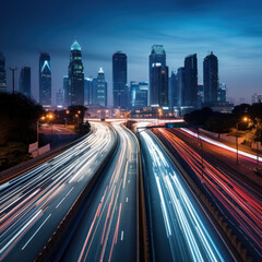 Fototapeta na wymiar A city's evening rush hour captured in a long exposure photograph, showcasing the busy urban highway with streaks of light from headlights and taillights.ai generative