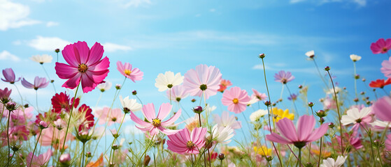 Multicolored cosmos flowers in meadow in spring summer nature against blue sky. Selective soft focus.