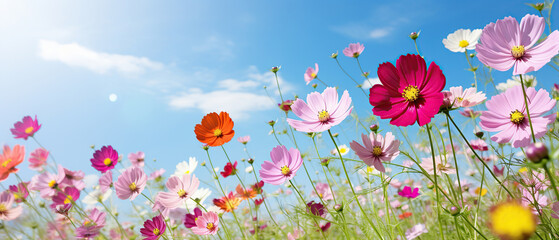 Multicolored cosmos flowers in meadow in spring summer nature against blue sky. Selective soft focus.