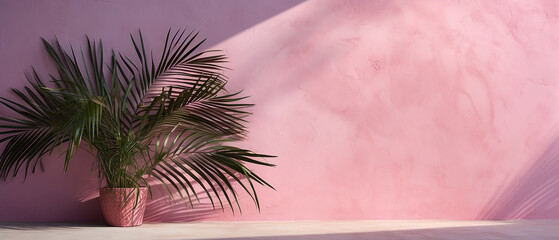 Fototapeta na wymiar Shadow of palm leaves on pink wall with a beautiful plaster texture.