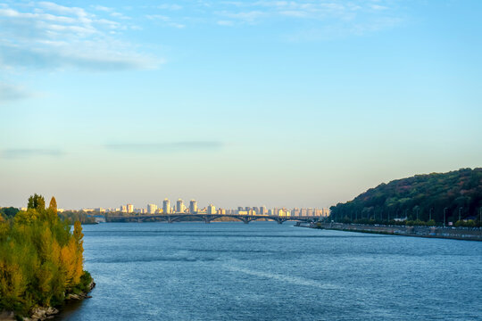  Panoramic view of Podol district and Dnypro river from  pedestrian bridge in Kyiv, Ukraine