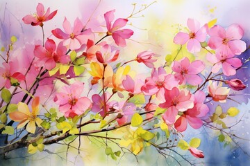Stunning watercolor artwork depicting a vibrant spring floral scene with light flowers, pink pollen, and lime green stems and leaves. Generative AI