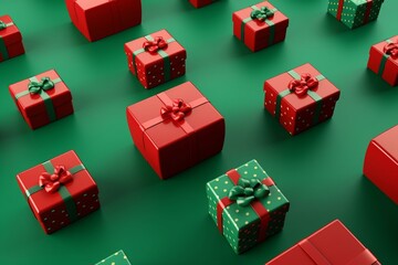 Red gift boxes in a pattern on a green background. Rendered in 3D. Generative AI