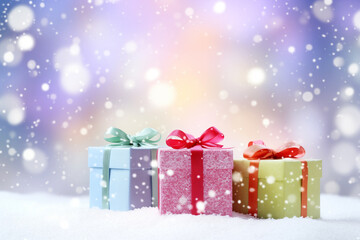 Christmas Holiday Gift Boxes with defocused snow background